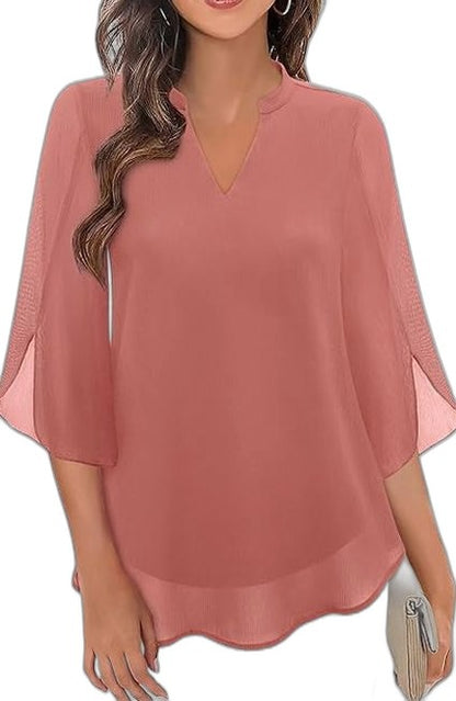 Effortless Green Chiffon Blouse for Women with V Neck Short Sleeve Flowing Casual Style