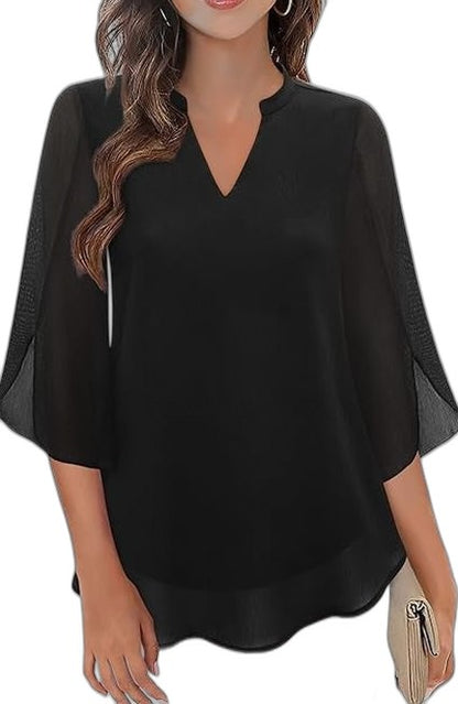 Effortless Green Chiffon Blouse for Women with V Neck Short Sleeve Flowing Casual Style