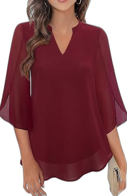 Effortless Green Chiffon Blouse for Women with V Neck Short Sleeve Flowing Casual Style