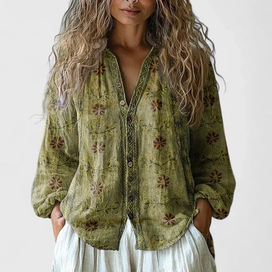 Effortless Green Floral Blouse for Women with V Neck Long Sleeve Button Front Flowing Casual Style