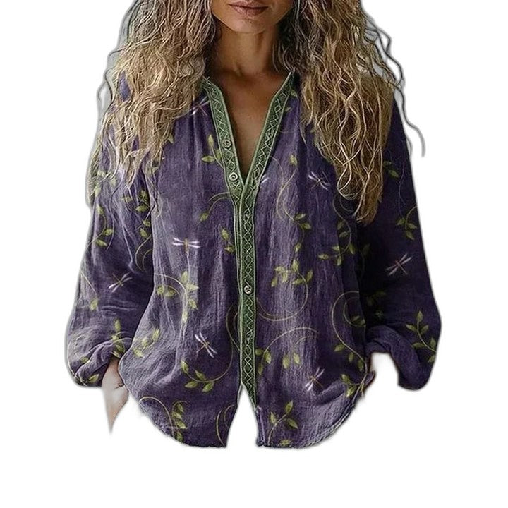 Effortless Green Floral Blouse for Women with V Neck Long Sleeve Button Front Flowing Casual Style
