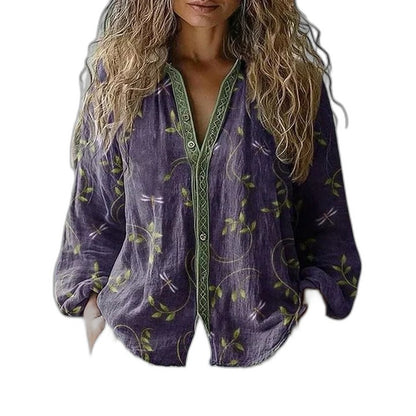 Effortless Green Floral Blouse for Women with V Neck Long Sleeve Button Front Flowing Casual Style
