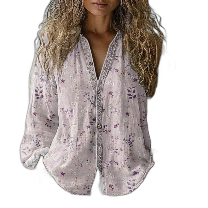 Effortless Green Floral Blouse for Women with V Neck Long Sleeve Button Front Flowing Casual Style