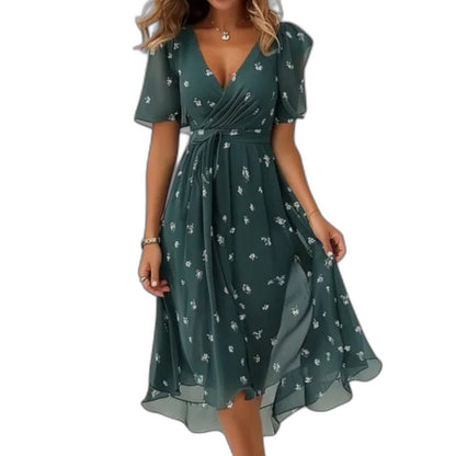 Effortless Green Floral Midi Dress for Women with V Neck Short Sleeve Wrap Belted Fit And Flare Casual Style