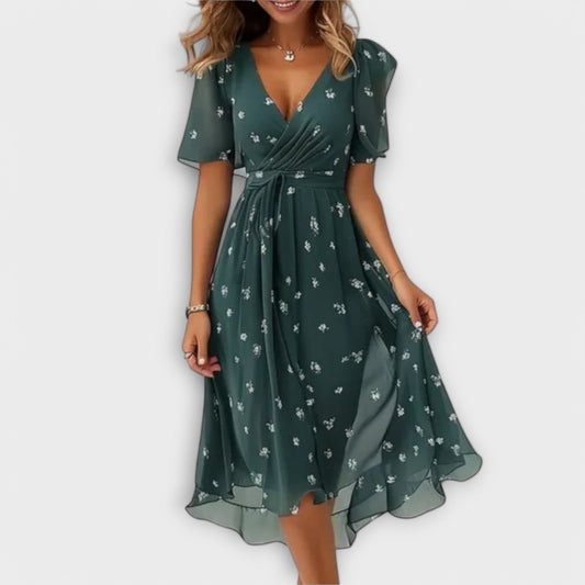 Effortless Green Floral Midi Dress for Women with V Neck Short Sleeve Wrap Belted Fit And Flare Casual Style
