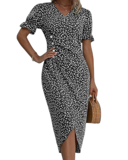 Effortless Green Floral Midi Dress for Women with V Neck Short Sleeve Wrap Belted Flowing Casual Style