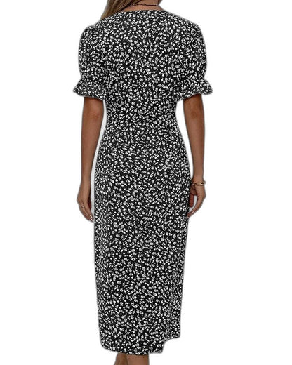 Effortless Green Floral Midi Dress for Women with V Neck Short Sleeve Wrap Belted Flowing Casual Style