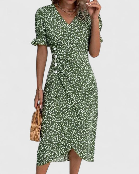 Effortless Green Floral Midi Dress for Women with V Neck Short Sleeve Wrap Belted Flowing Casual Style