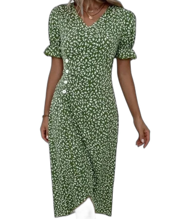 Effortless Green Floral Midi Dress for Women with V Neck Short Sleeve Wrap Belted Flowing Casual Style
