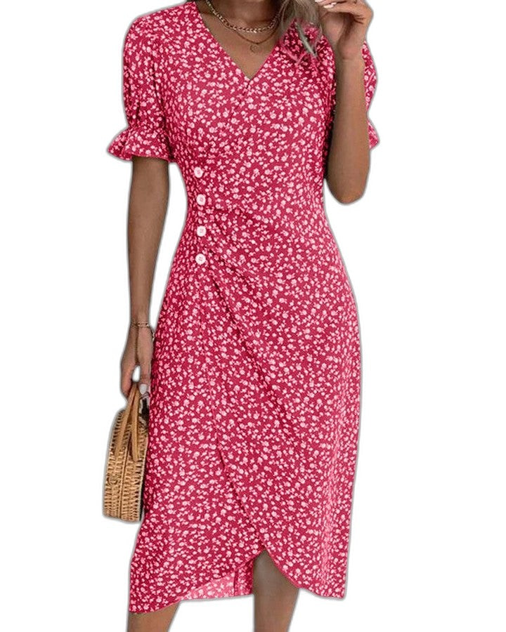 Effortless Green Floral Midi Dress for Women with V Neck Short Sleeve Wrap Belted Flowing Casual Style