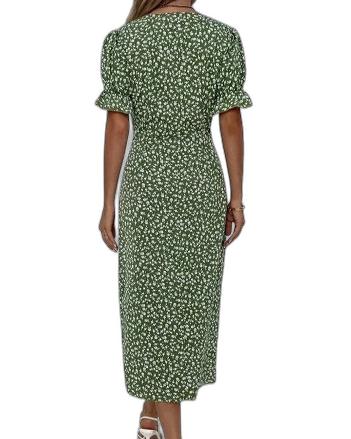 Effortless Green Floral Midi Dress for Women with V Neck Short Sleeve Wrap Belted Flowing Casual Style