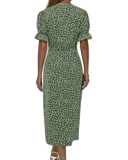Effortless Green Floral Midi Dress for Women with V Neck Short Sleeve Wrap Belted Flowing Casual Style