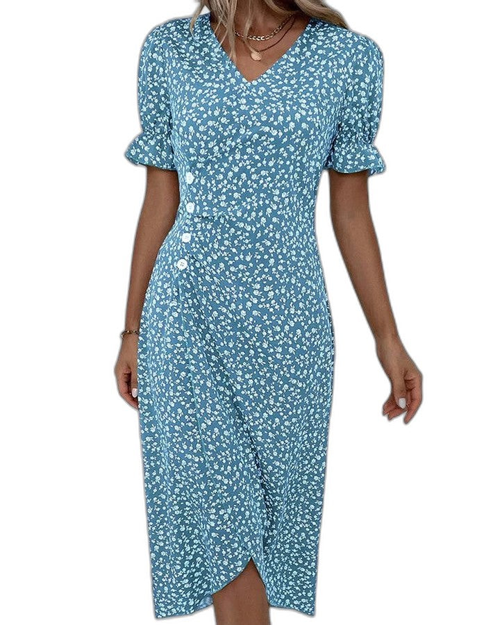 Effortless Green Floral Midi Dress for Women with V Neck Short Sleeve Wrap Belted Flowing Casual Style