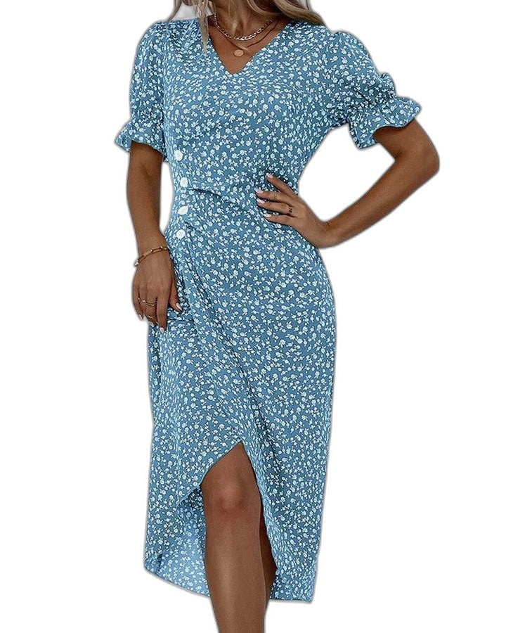 Effortless Green Floral Midi Dress for Women with V Neck Short Sleeve Wrap Belted Flowing Casual Style