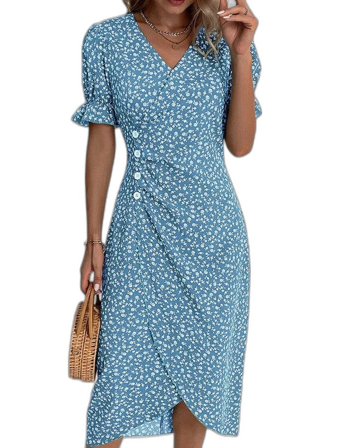 Effortless Green Floral Midi Dress for Women with V Neck Short Sleeve Wrap Belted Flowing Casual Style
