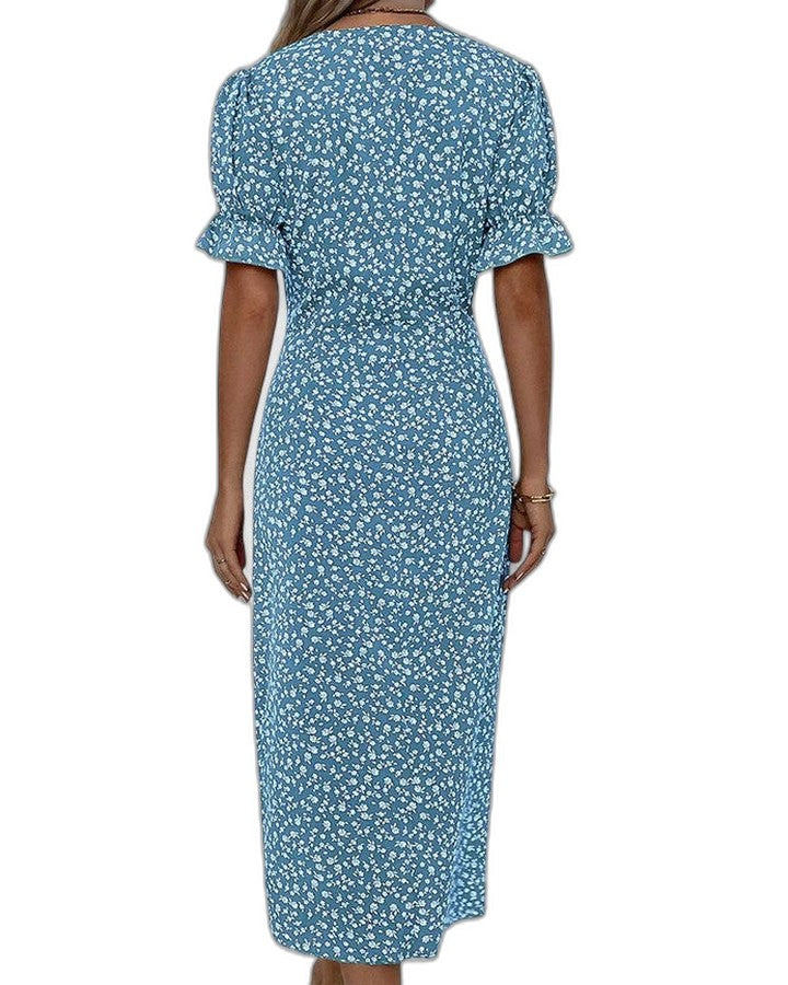 Effortless Green Floral Midi Dress for Women with V Neck Short Sleeve Wrap Belted Flowing Casual Style