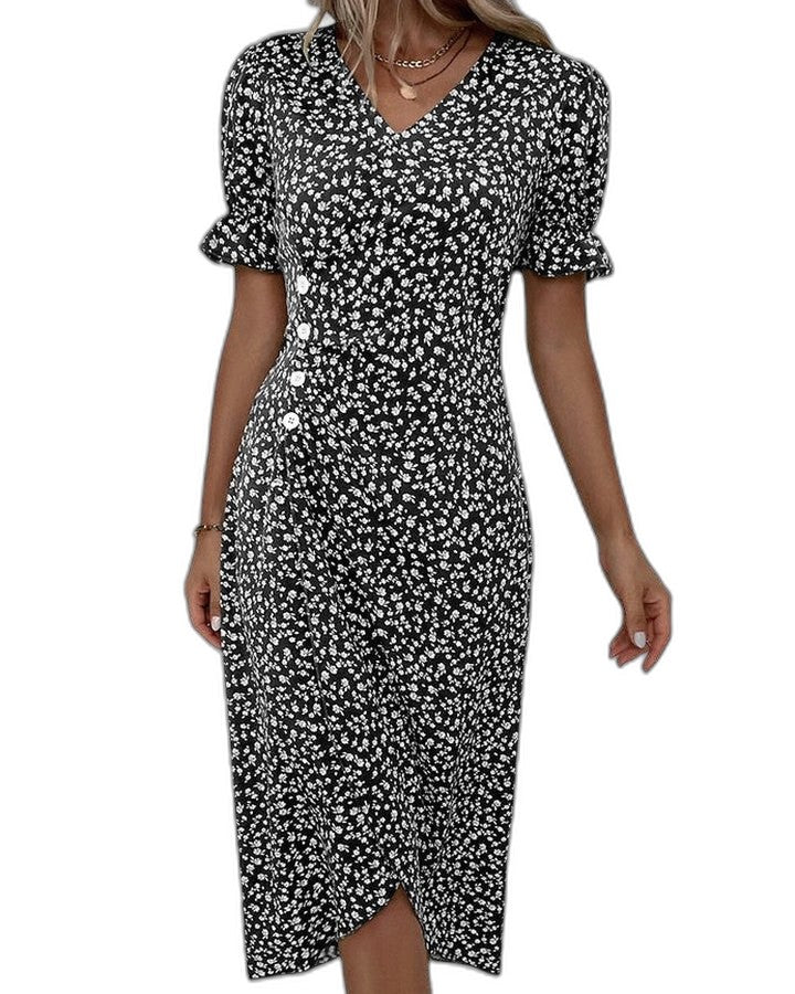 Effortless Green Floral Midi Dress for Women with V Neck Short Sleeve Wrap Belted Flowing Casual Style