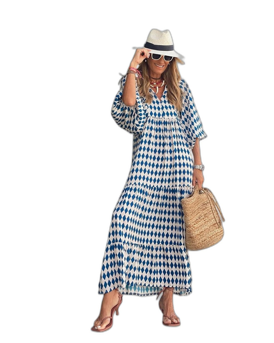 Effortless Green Geometric Maxi Dress for Women with Collared Long Sleeve Tiered Flowing Casual Style
