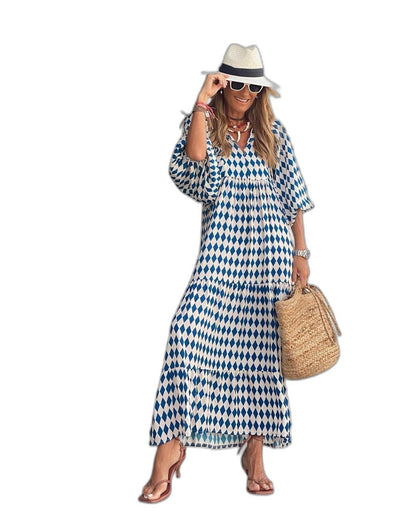 Effortless Green Geometric Maxi Dress for Women with Collared Long Sleeve Tiered Flowing Casual Style