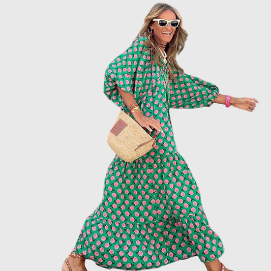Effortless Green Geometric Maxi Dress for Women with Collared Long Sleeve Tiered Flowing Casual Style