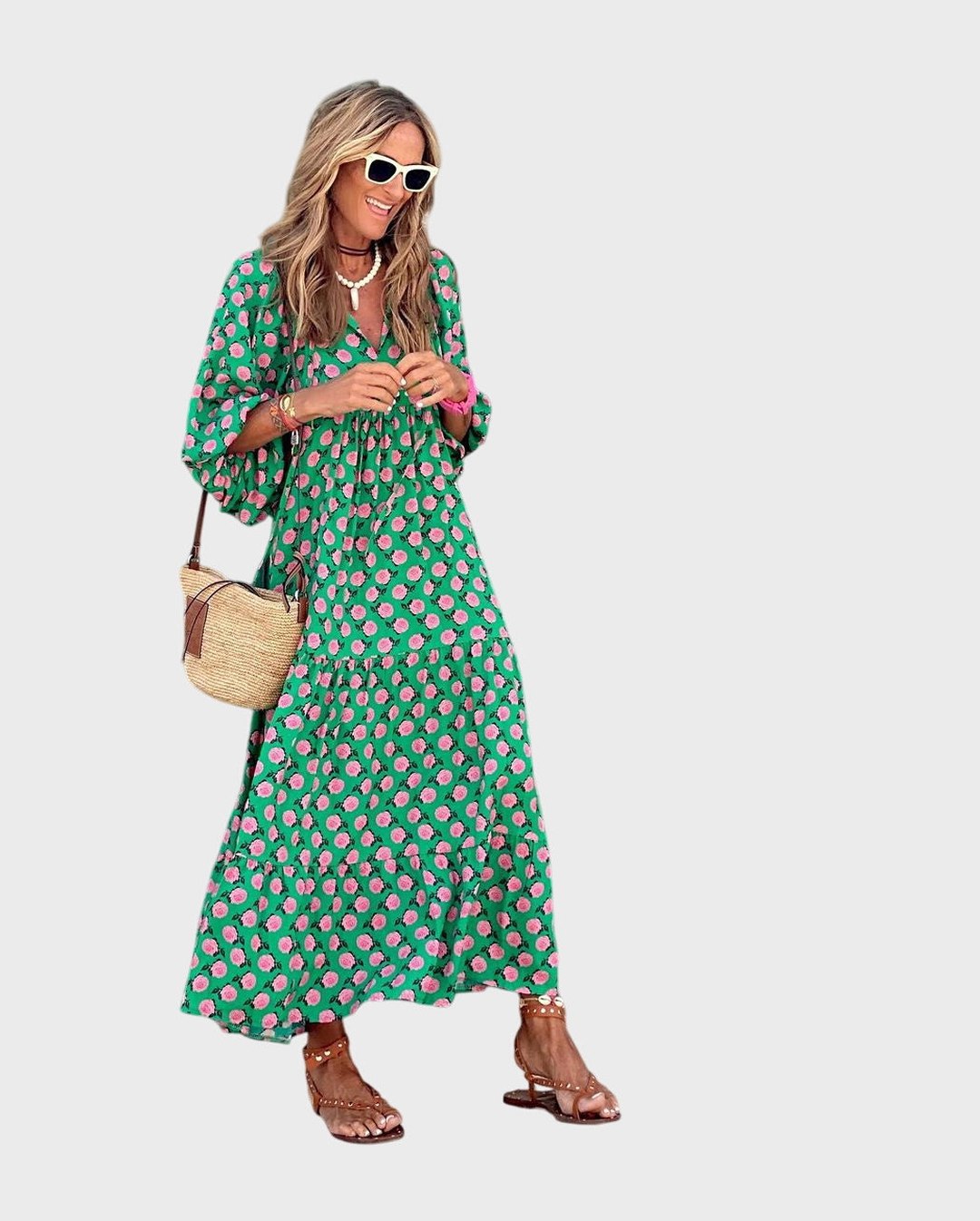Effortless Green Geometric Maxi Dress for Women with Collared Long Sleeve Tiered Flowing Casual Style