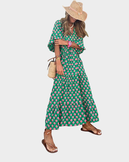 Effortless Green Geometric Maxi Dress for Women with Collared Long Sleeve Tiered Flowing Casual Style