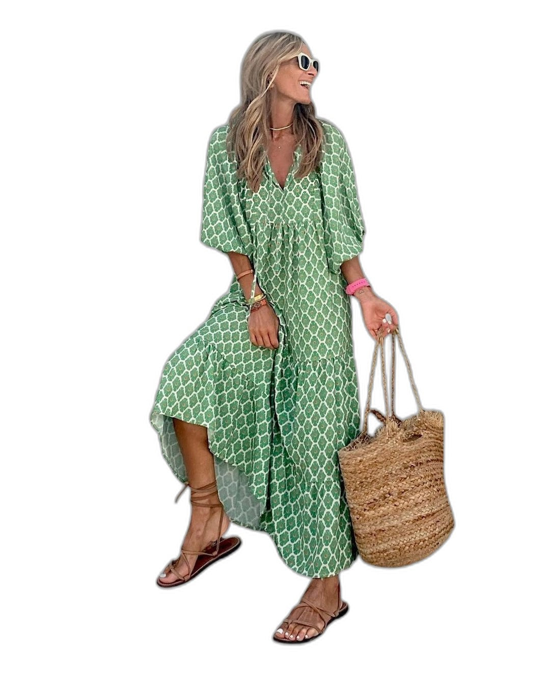 Effortless Green Geometric Maxi Dress for Women with Collared Long Sleeve Tiered Flowing Casual Style
