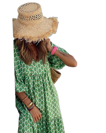 Effortless Green Geometric Maxi Dress for Women with Collared Long Sleeve Tiered Flowing Casual Style