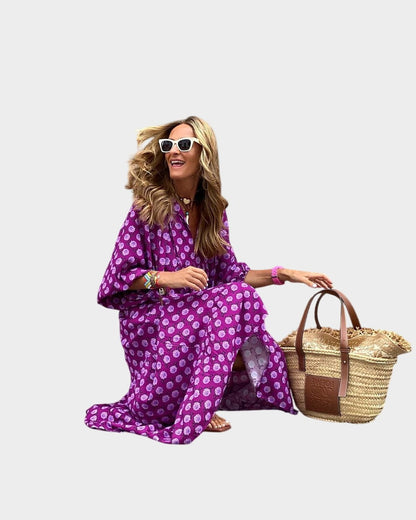Effortless Green Geometric Maxi Dress for Women with Collared Long Sleeve Tiered Flowing Casual Style