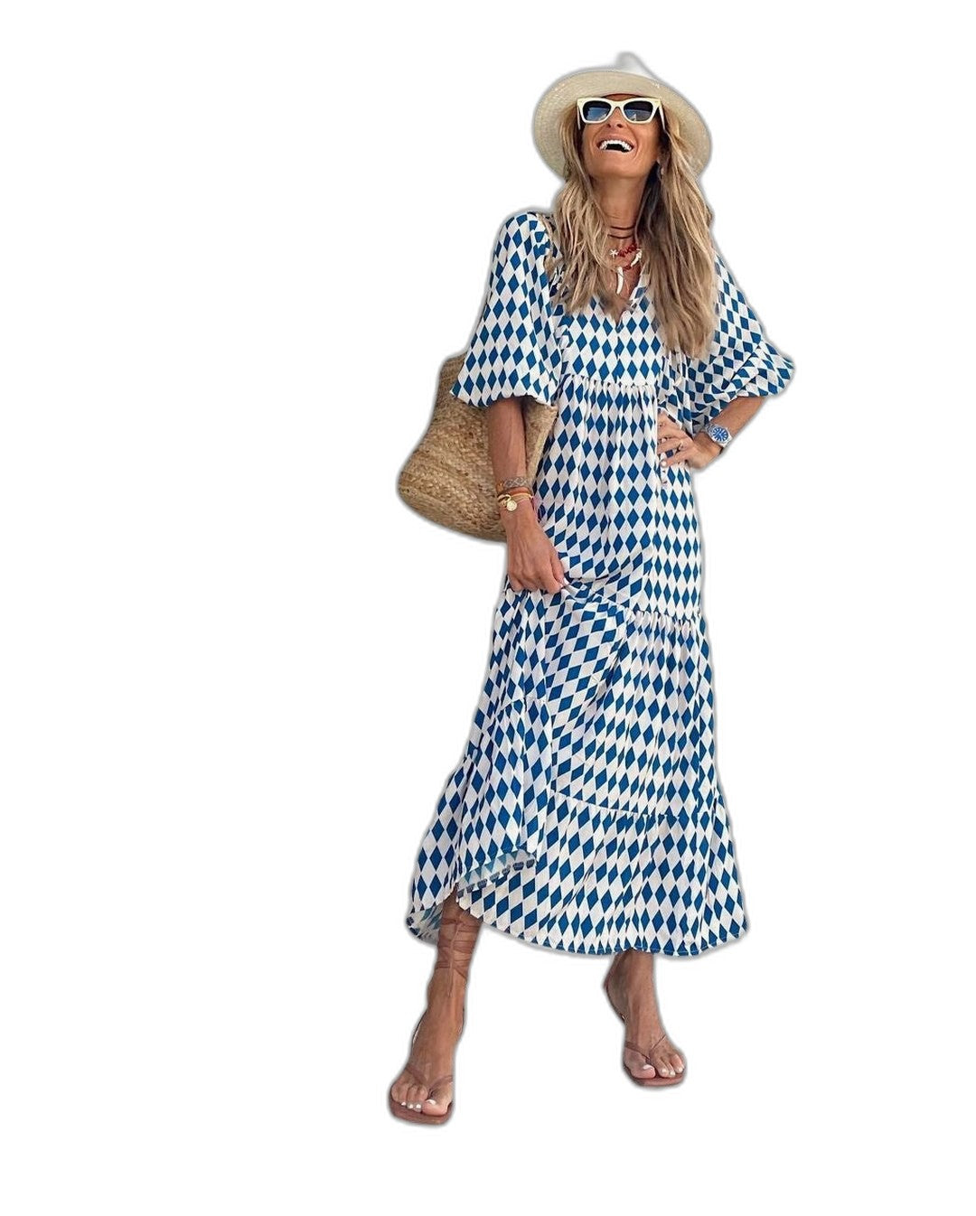 Effortless Green Geometric Maxi Dress for Women with Collared Long Sleeve Tiered Flowing Casual Style