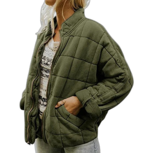 Effortless Green Jacket for Women with Collared Long Sleeve Cropped Pockets Quilted Casual Style