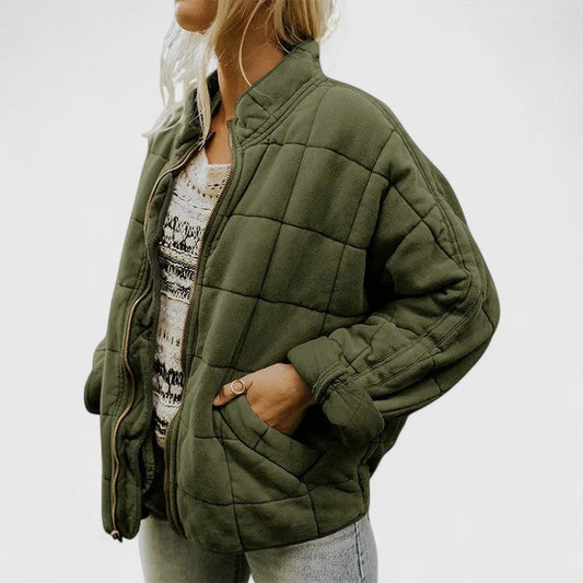 Effortless Green Jacket for Women with Collared Long Sleeve Cropped Pockets Quilted Casual Style