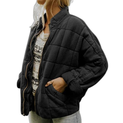 Effortless Green Jacket for Women with Collared Long Sleeve Cropped Pockets Quilted Casual Style