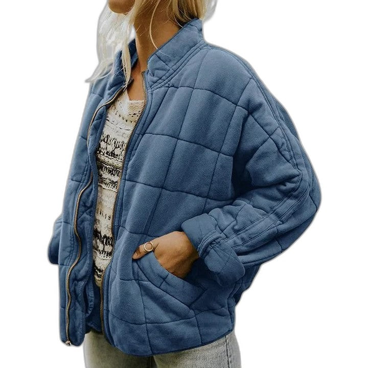 Effortless Green Jacket for Women with Collared Long Sleeve Cropped Pockets Quilted Casual Style