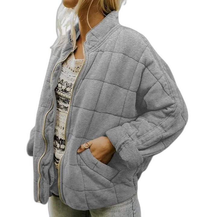 Effortless Green Jacket for Women with Collared Long Sleeve Cropped Pockets Quilted Casual Style