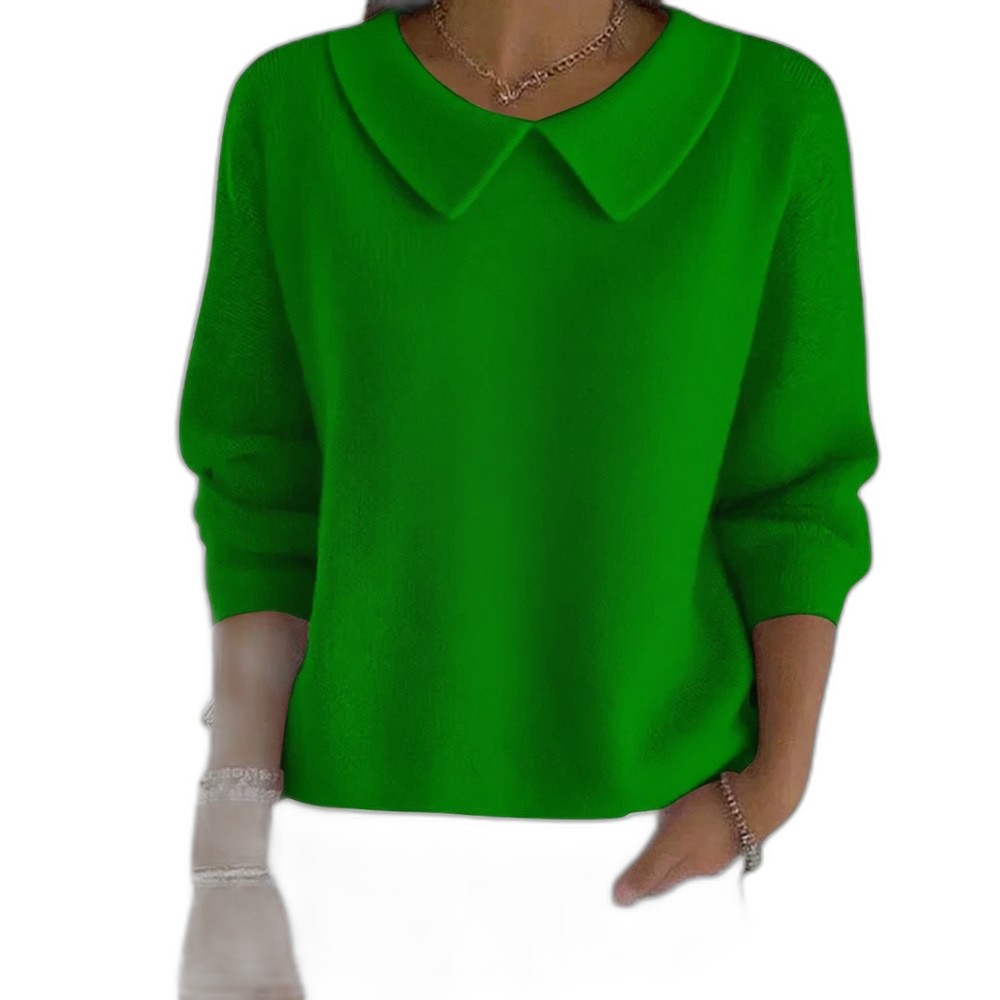 Effortless Green Knit Sweater for Women with Collared Long Sleeve Casual Style