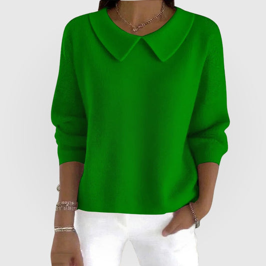 Effortless Green Knit Sweater for Women with Collared Long Sleeve Casual Style