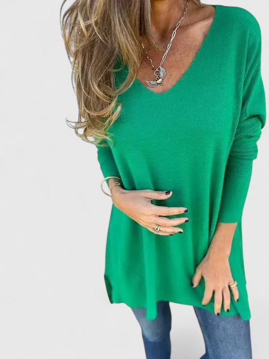 Effortless Green Knit Sweater for Women with V Neck Long Sleeve Flowing Casual Style