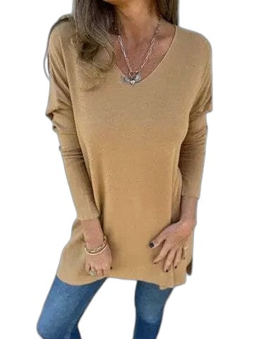 Effortless Green Knit Sweater for Women with V Neck Long Sleeve Flowing Casual Style