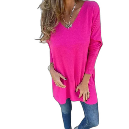 Effortless Green Knit Sweater for Women with V Neck Long Sleeve Flowing Casual Style