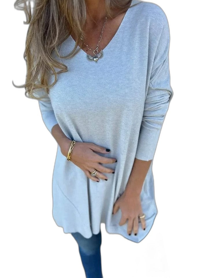 Effortless Green Knit Sweater for Women with V Neck Long Sleeve Flowing Casual Style