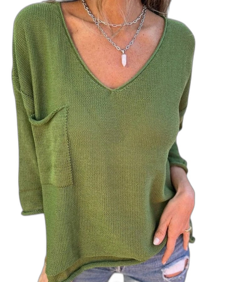 Effortless Green Knit Sweater for Women with V Neck Long Sleeve Oversized Pockets Casual Style