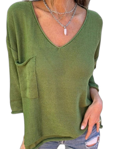 Effortless Green Knit Sweater for Women with V Neck Long Sleeve Oversized Pockets Casual Style