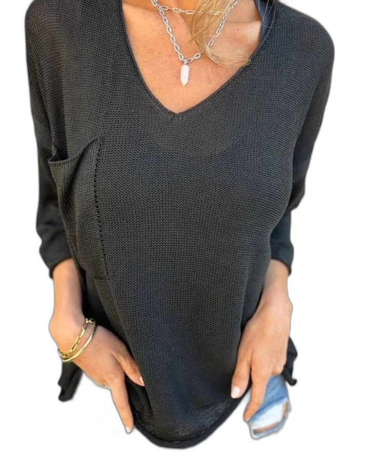 Effortless Green Knit Sweater for Women with V Neck Long Sleeve Oversized Pockets Casual Style