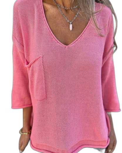 Effortless Green Knit Sweater for Women with V Neck Long Sleeve Oversized Pockets Casual Style