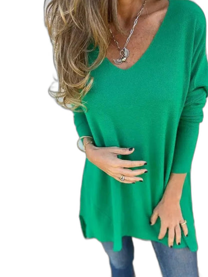 Effortless Green Knit Tunic for Women with V Neck Long Sleeve Flowing Oversized Casual Style