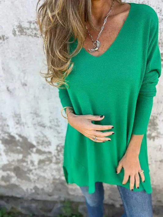 Effortless Green Knit Tunic for Women with V Neck Long Sleeve Flowing Oversized Casual Style