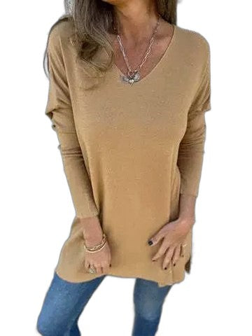 Effortless Green Knit Tunic for Women with V Neck Long Sleeve Flowing Oversized Casual Style