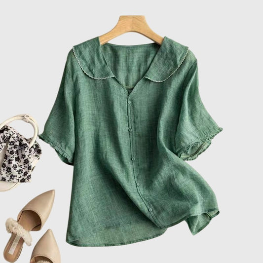 Effortless Green Linen Blouse for Women with Collared Short Sleeve Button Front Casual Style