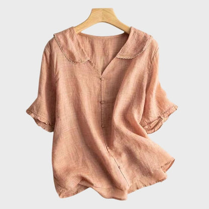 Effortless Green Linen Blouse for Women with Collared Short Sleeve Button Front Casual Style
